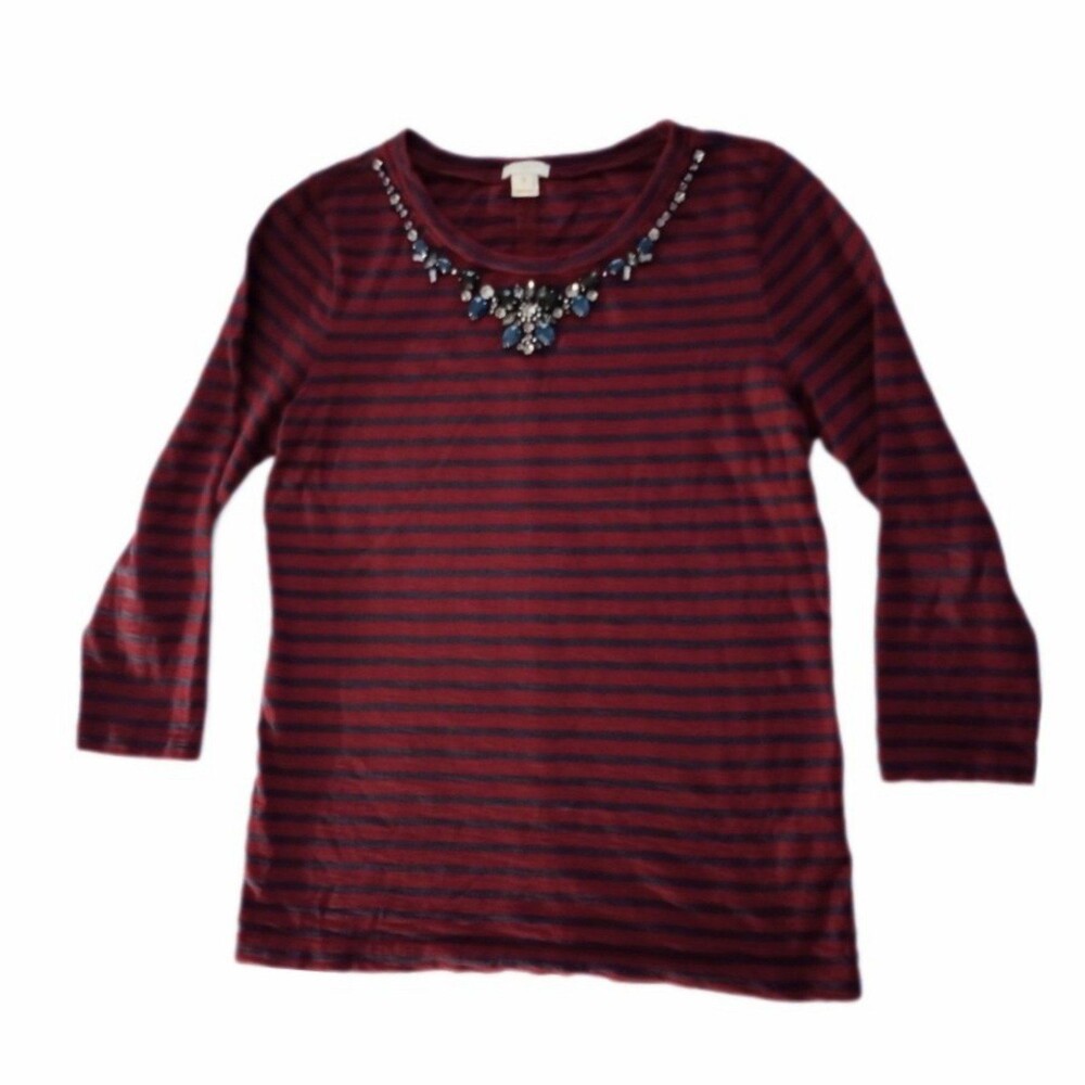 J.Crew Striped 3/4 Sleeve Jeweled Collar Top sz S Womens
